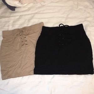 2 lace up mini bodycon skirts black nude NWOT smal